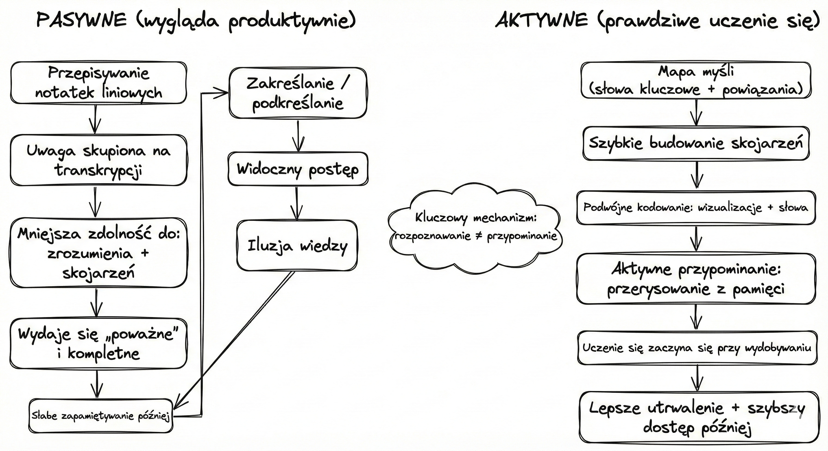 (Flowchart): „Iluzja nauki” vs „realne uczenie”