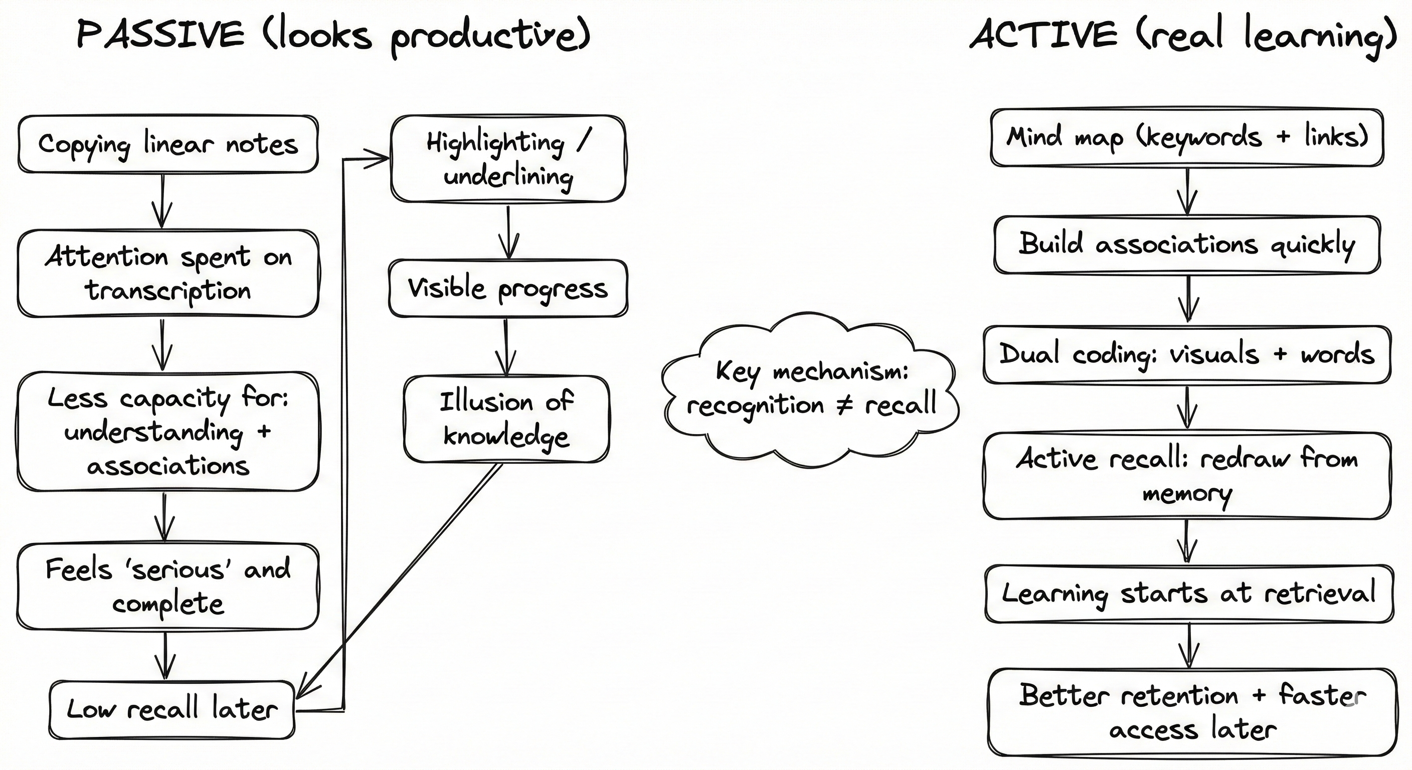 (Flowchart): "Illusion of Learning" vs "Real Learning"